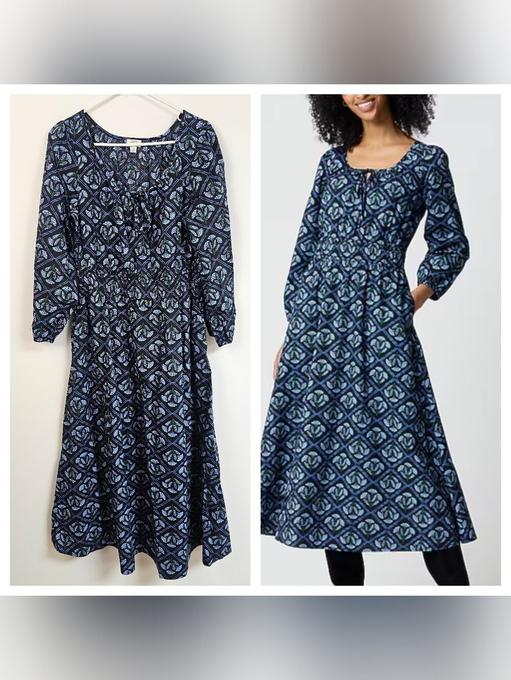 J. Crew Block Print Long Sleeve Smocked Waist Poplin Midi Dress